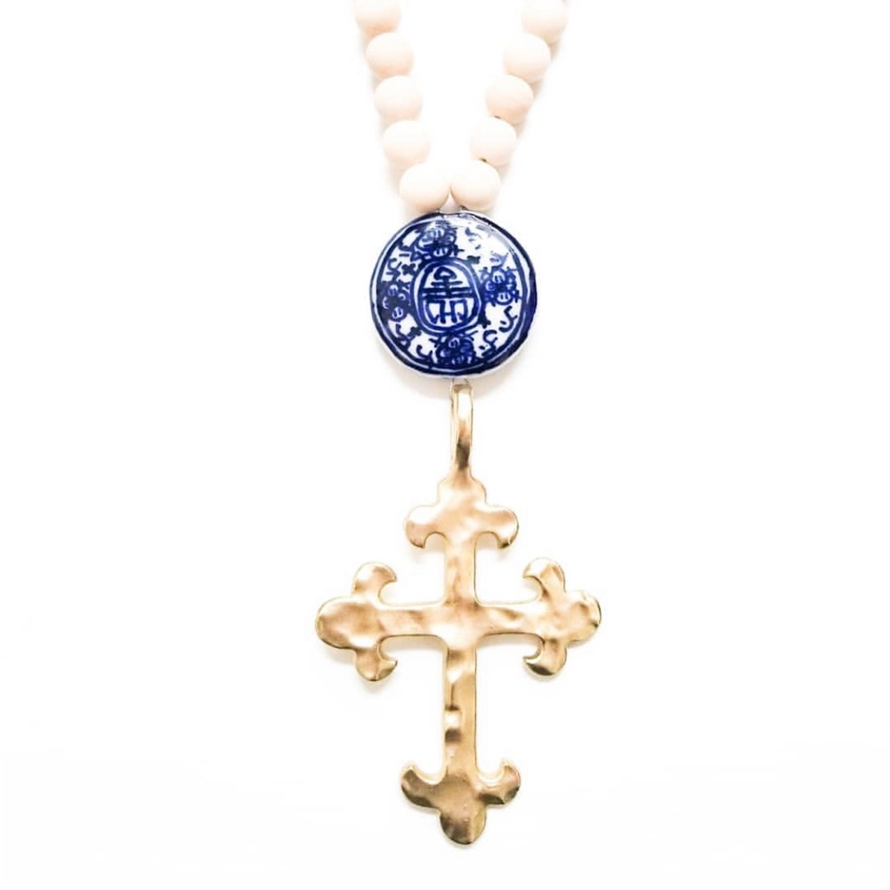 ALLISON CONWAY Long Beaded Necklace Matte Gold Cross Ginger Jar Medallion